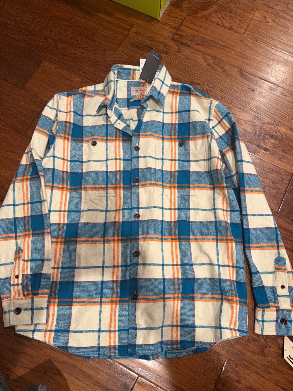 Quiksilver Blue Cream Plaid Button-Down Shirt with Orange Stripes